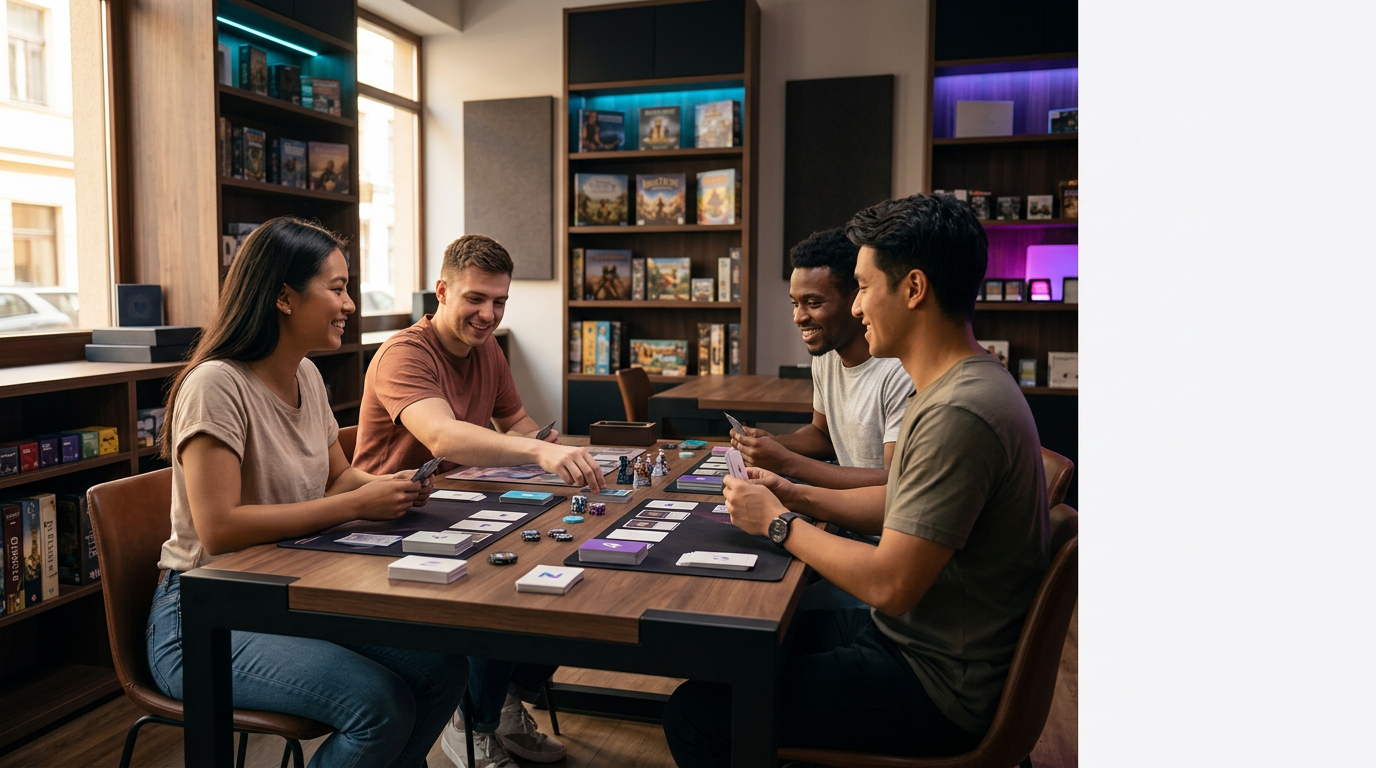 Grupo de amigos reunido em uma mesa jogando na NOMA